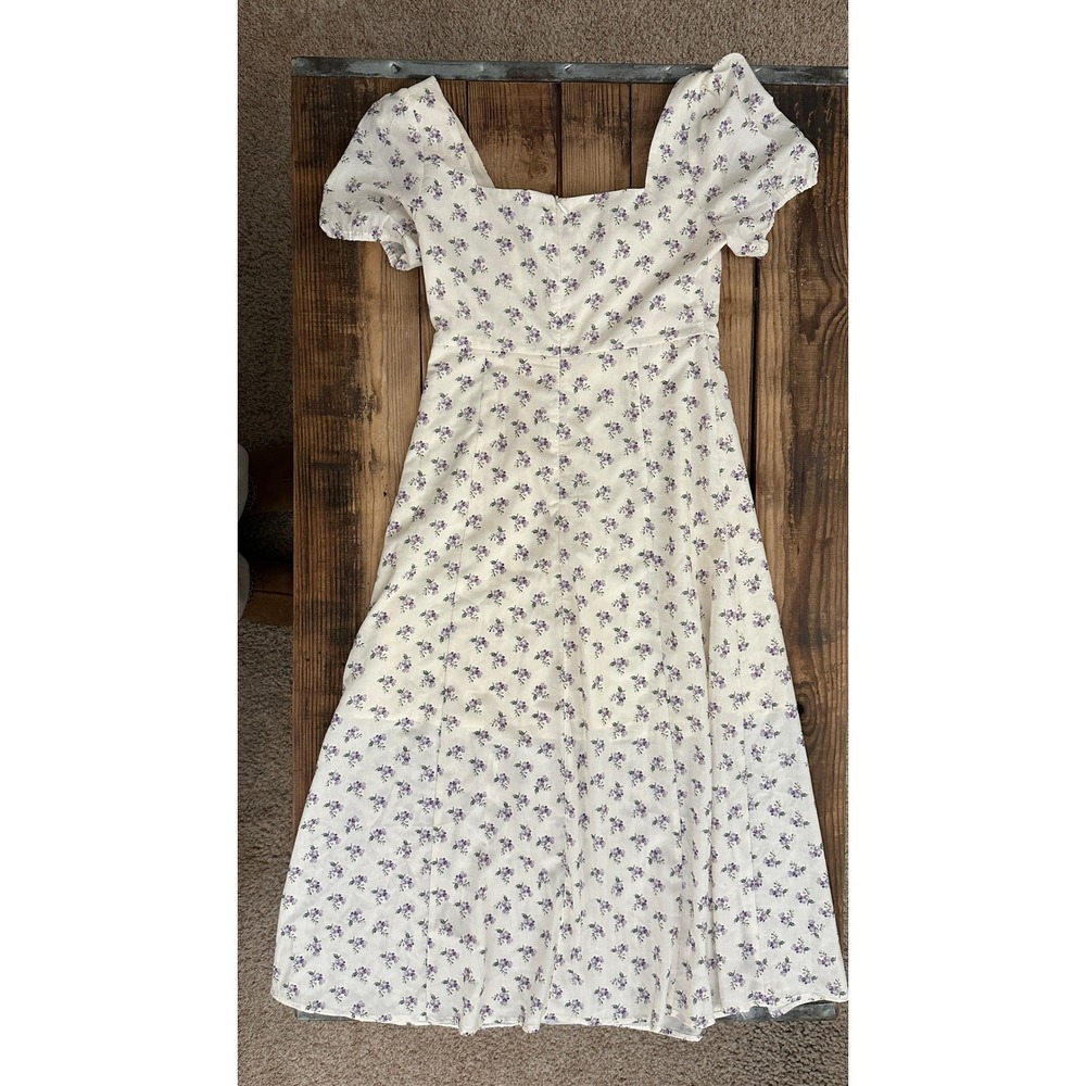 NWT RIHOAS Floral Tie Front Puff Sleeve Midi Dress Cream Purple Cottagecore - Picture 2 of 4